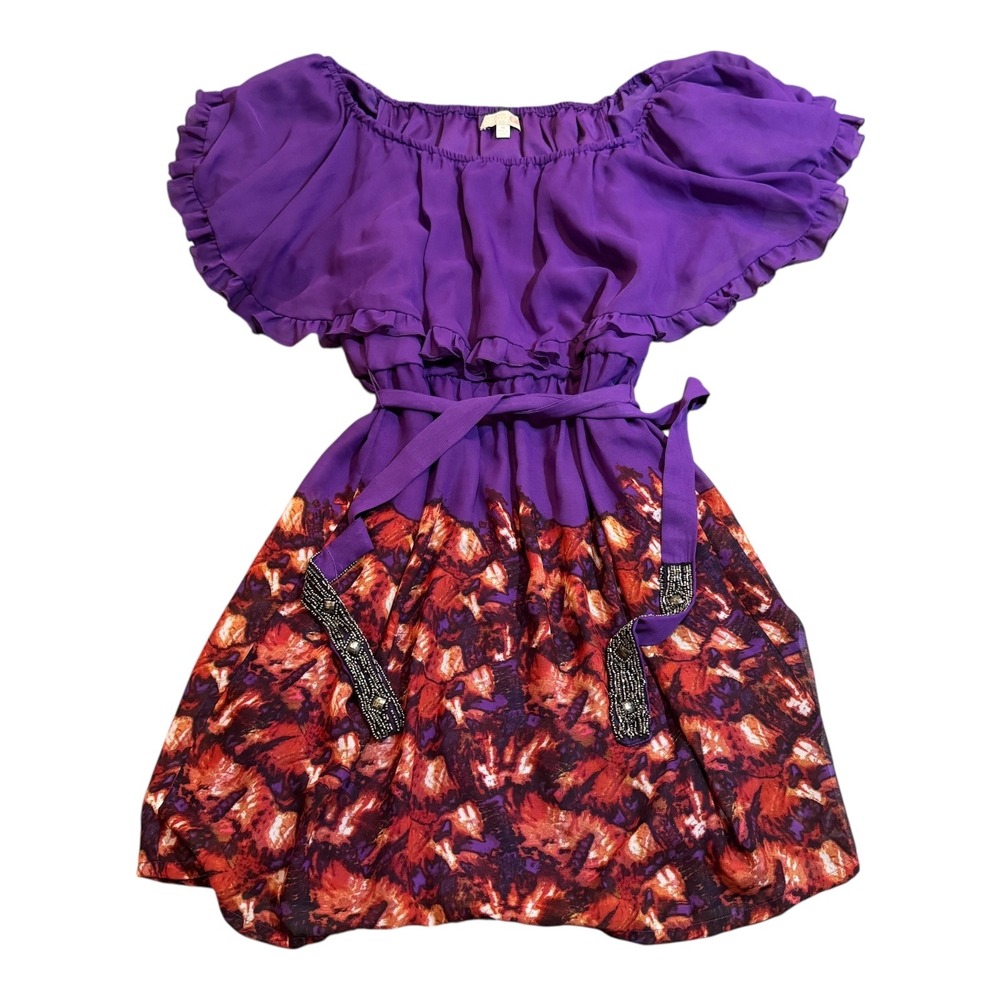 GB Purple Ruffle Dress Floral Bottom Beaded Belt‎ Women's Size Medium